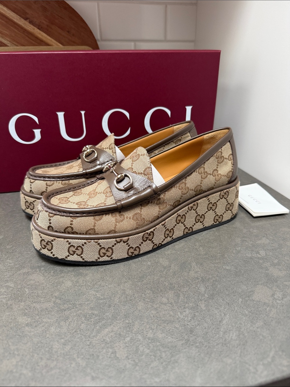 GUCCI Horsebit Wedge Platform Loafers GG Canvas w/Leather Size 38.5